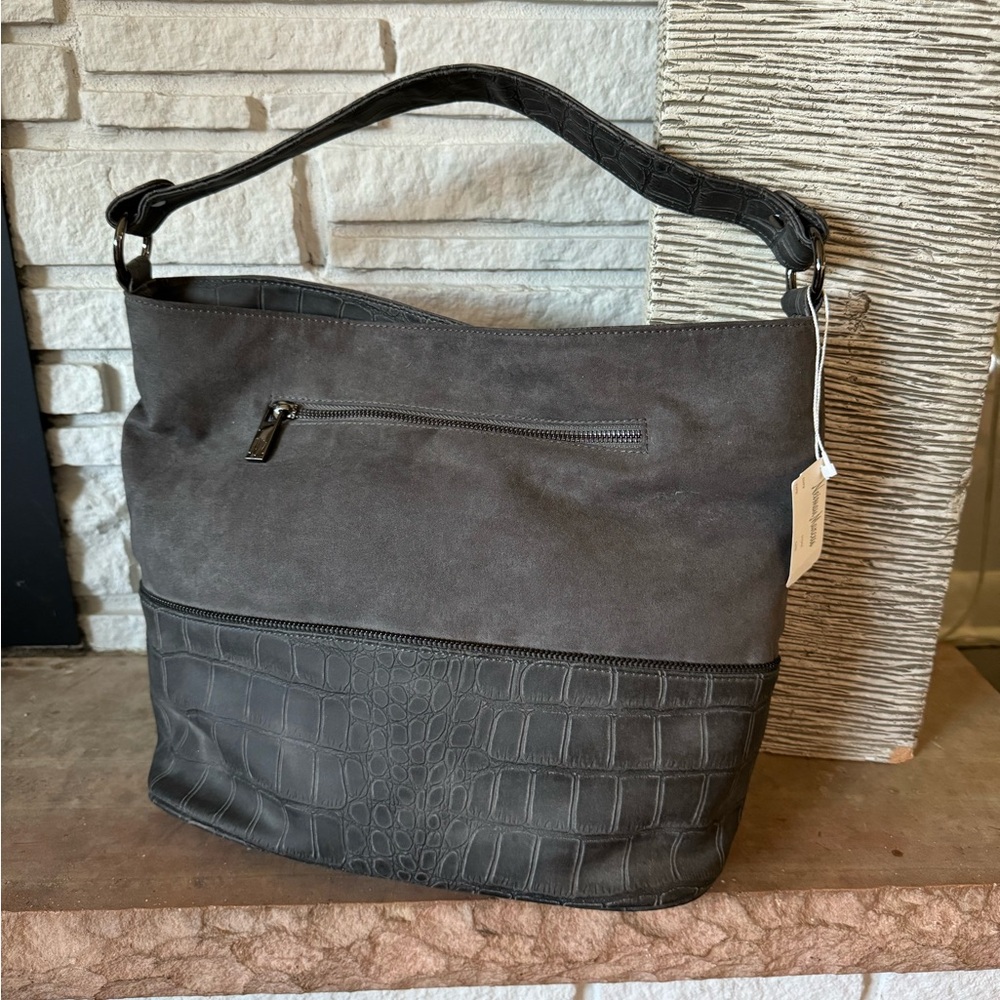 NWT Neiman Marcus Grey Suede and Snake Print Bag